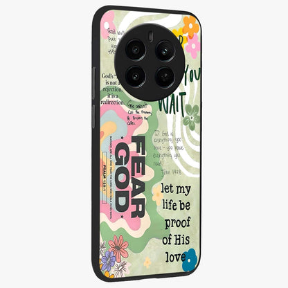 Faith Over Fear Glass Case upright view showcasing bold typography artwork with uplifting motivational theme.
