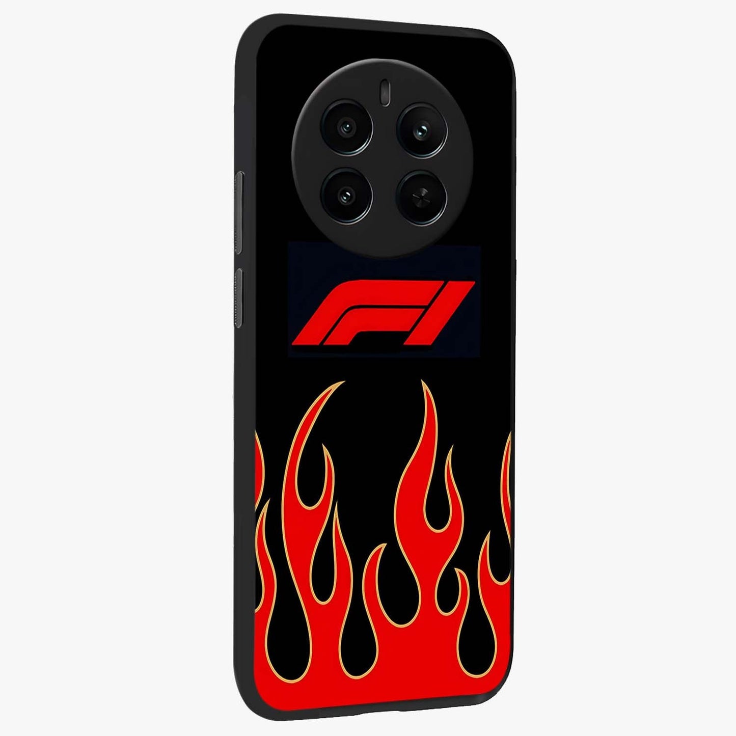 Fire F11 Glass Case upright view showcasing dynamic flame artwork with intense visual theme.