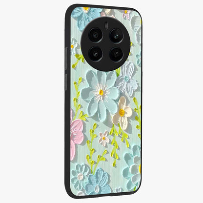 Frosted Petal Garden Glass Case upright view showcasing elegant floral garden artwork with soothing pastel theme.