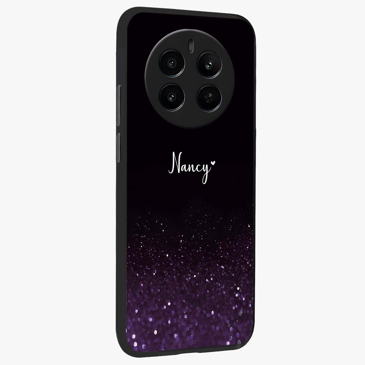 Glittery Purple Bokeh Custom Name Glass Case upright view showcasing vibrant purple sparkle artwork with personalized aesthetic style.