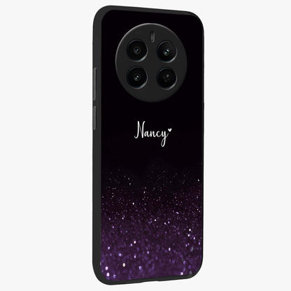 Glittery Purple Bokeh Custom Name Glass Case upright view showcasing vibrant purple sparkle artwork with personalized aesthetic style.