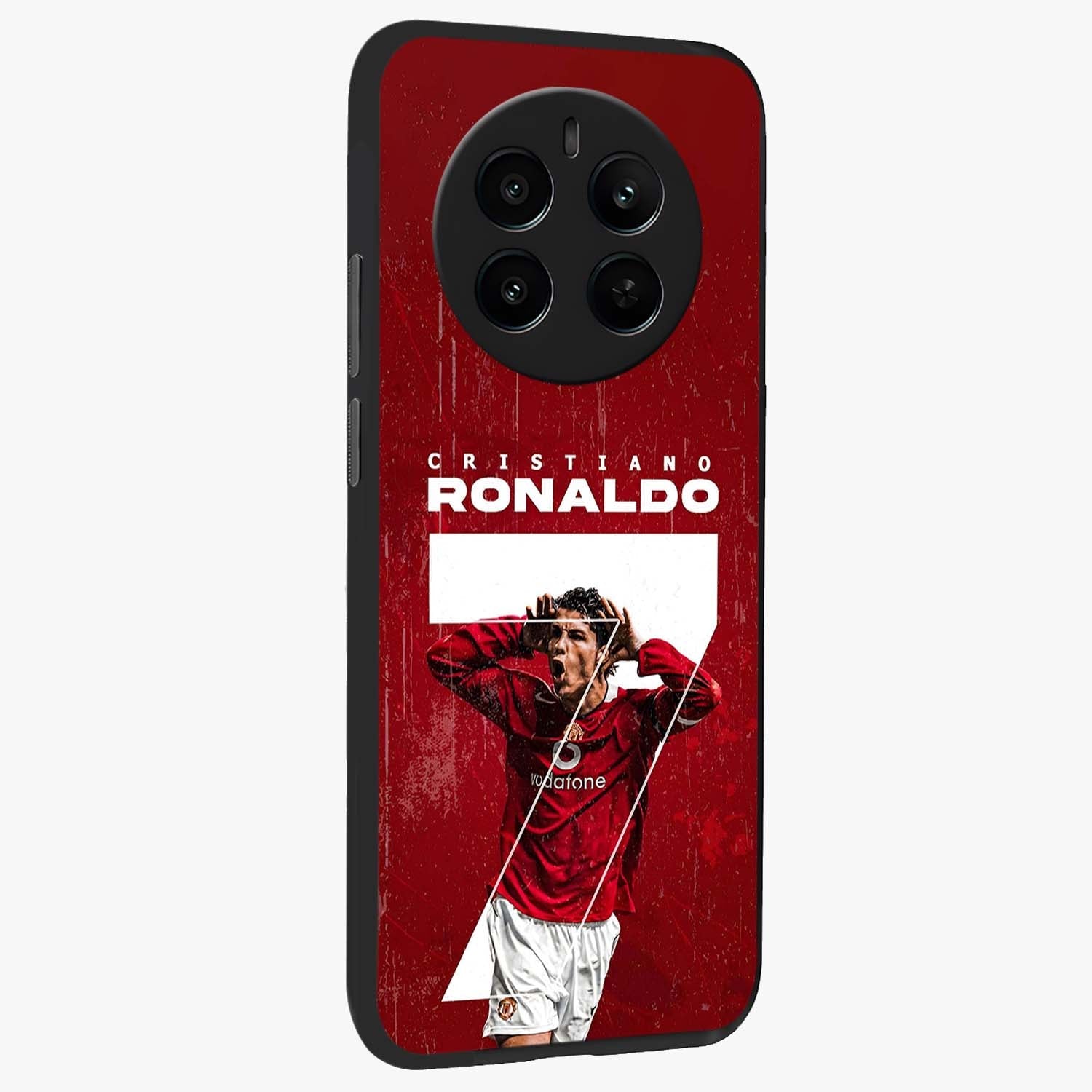 Goal Celebration Legacy Glass Case upright view showcasing dynamic football inspired artwork with victory celebration aesthetic.