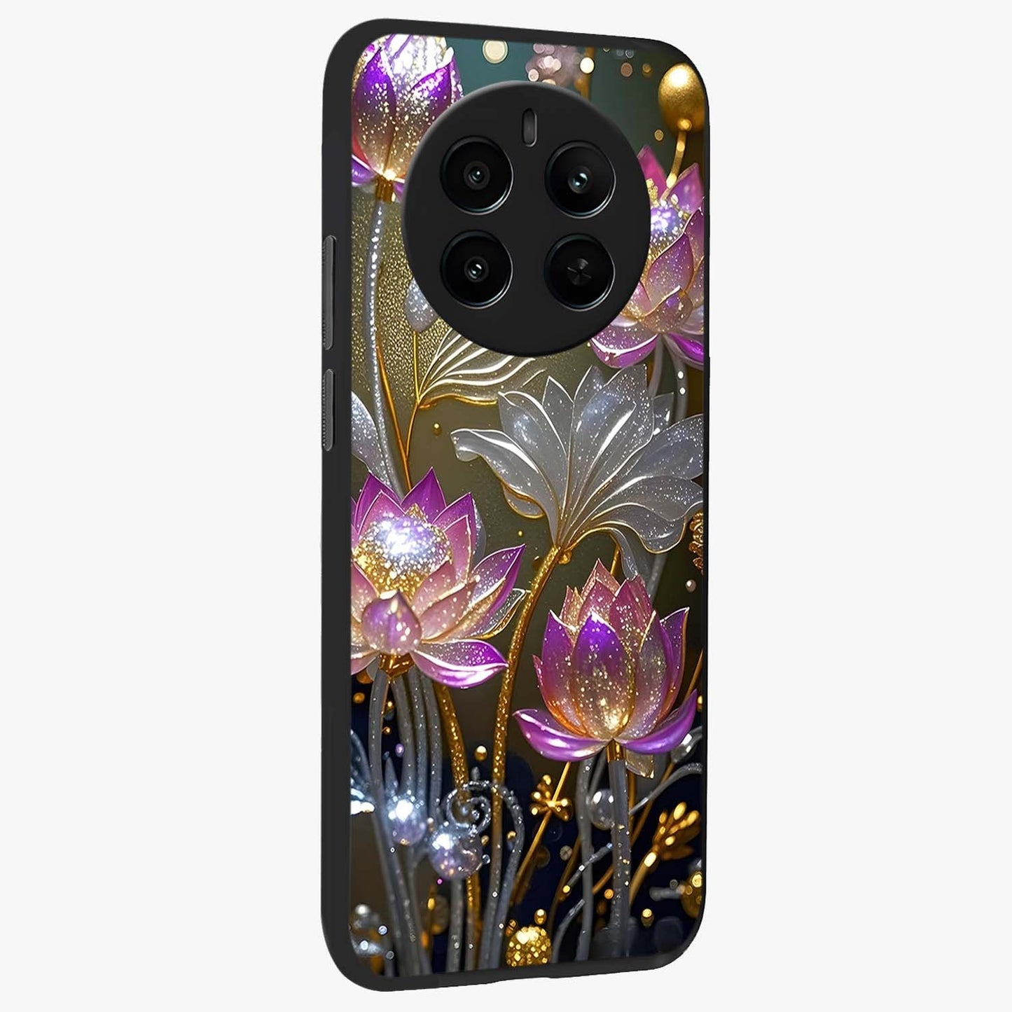 Golden Floral Majesty Glass Case upright view showcasing majestic floral artwork with rich decorative theme.