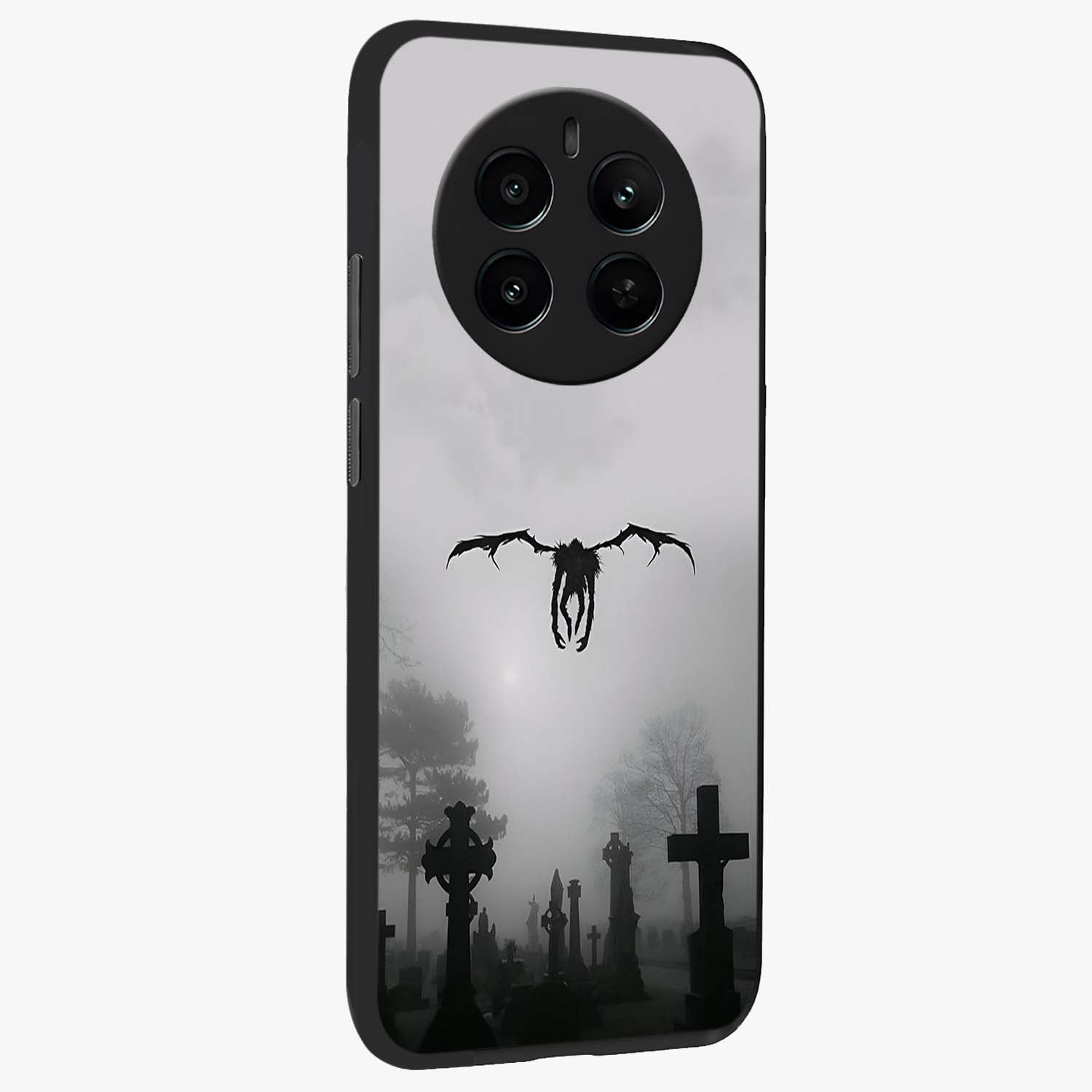 Graveyard Shadow Descent Glass Case upright view showcasing haunting graveyard artwork with dramatic dark theme.