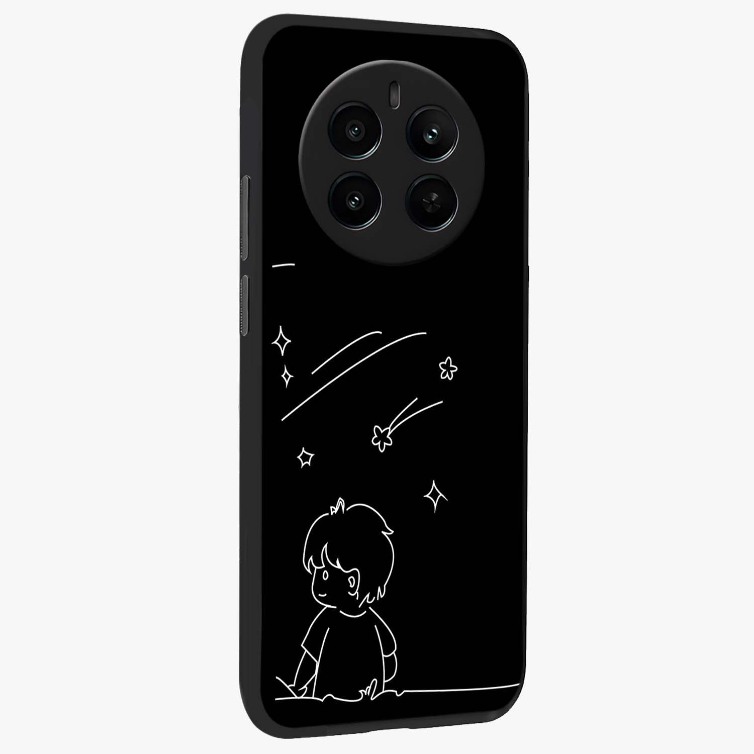 Line Art Boy With Shooting Stars Glass Case upright view showcasing artistic shooting star illustration with minimal style.