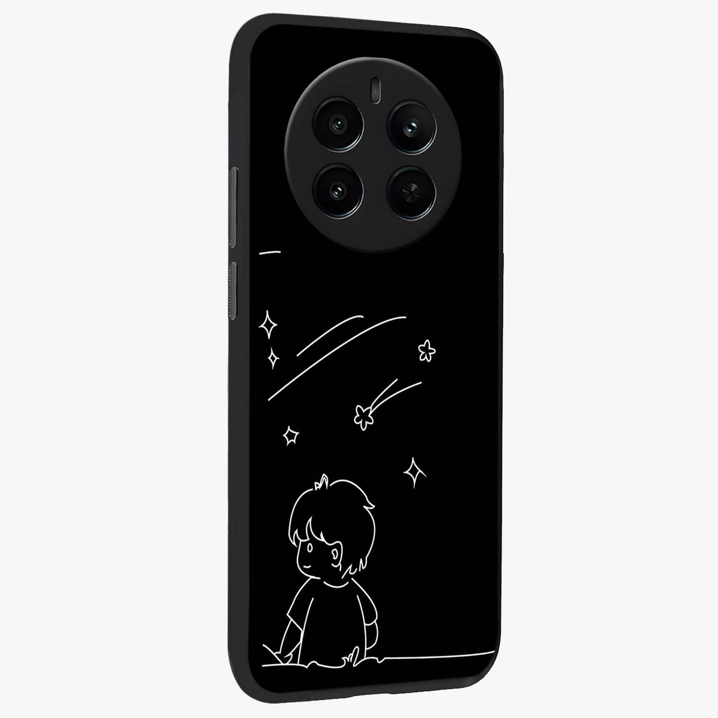 Line Art Boy With Shooting Stars Glass Case upright view showcasing artistic shooting star illustration with minimal style.