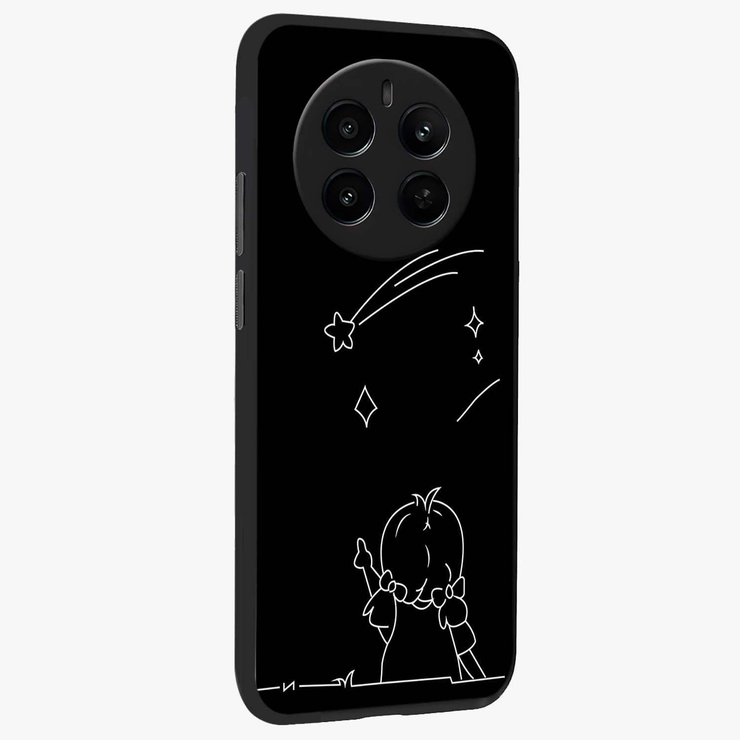 Line Art Girl With Shooting Stars Glass Case upright view showcasing delicate shooting stars artwork with minimal artistic theme.