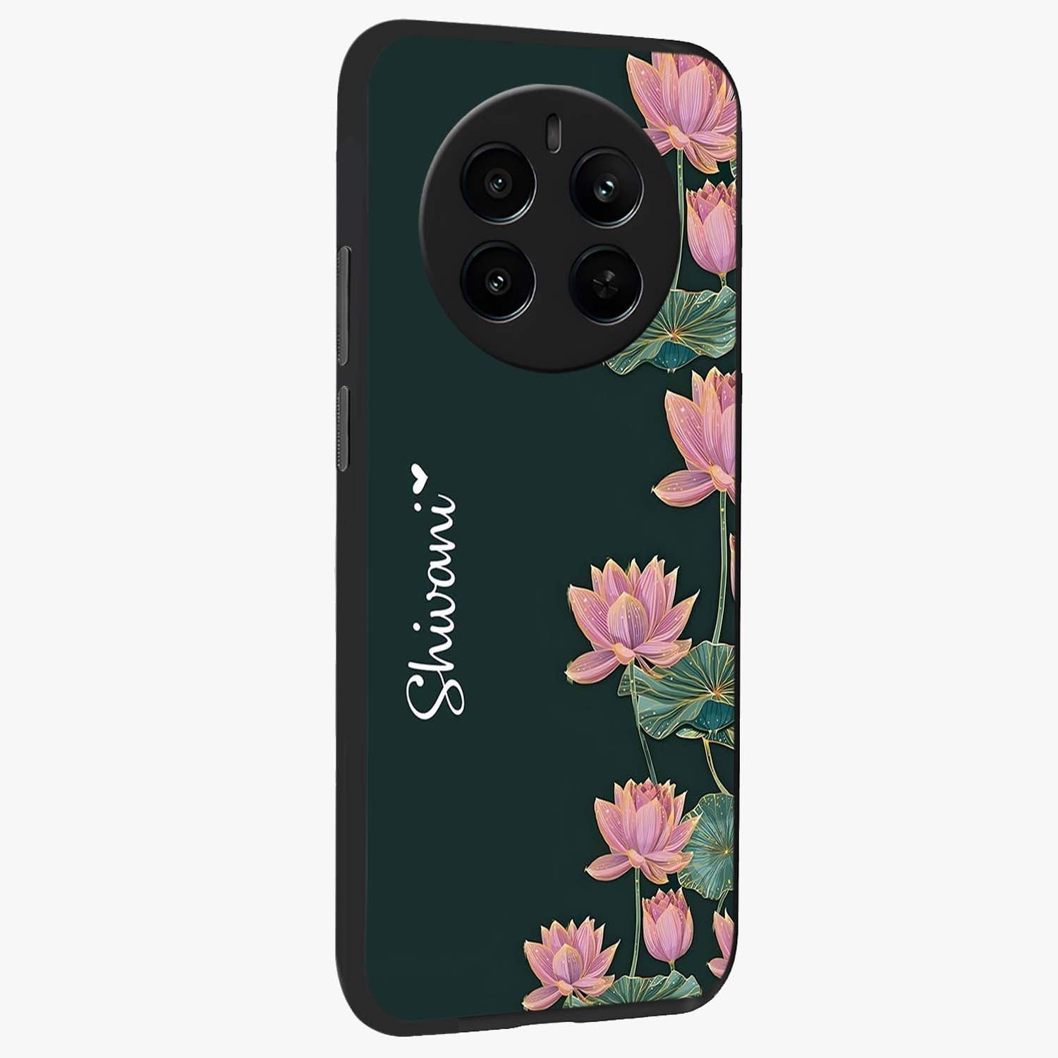 Lotus Bloom Serenity Custom Name Glass Case upright view showcasing serene lotus bloom artwork with personalized floral aesthetic.
