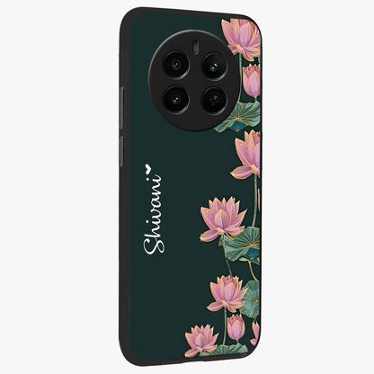 Lotus Bloom Serenity Custom Name Glass Case upright view showcasing serene lotus bloom artwork with personalized floral aesthetic.