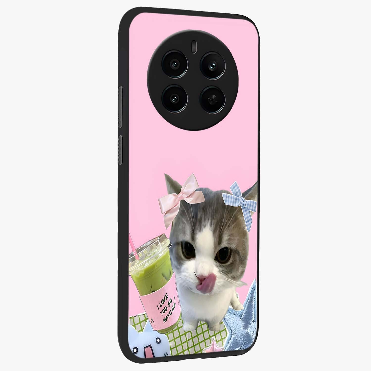 Love Matcha Cat Glass Case upright view showcasing adorable cat artwork with charming matcha themed design.
