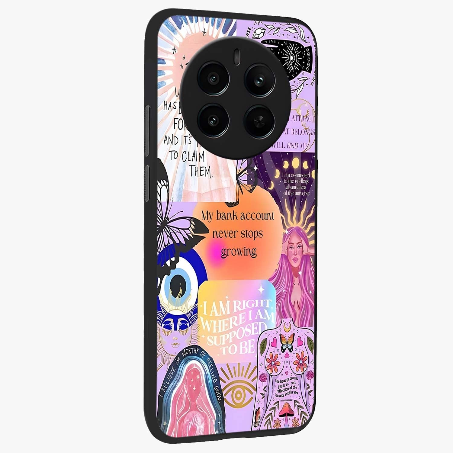 Manifestation Collage Glass Case upright view showcasing artistic manifestation themed artwork with creative style.