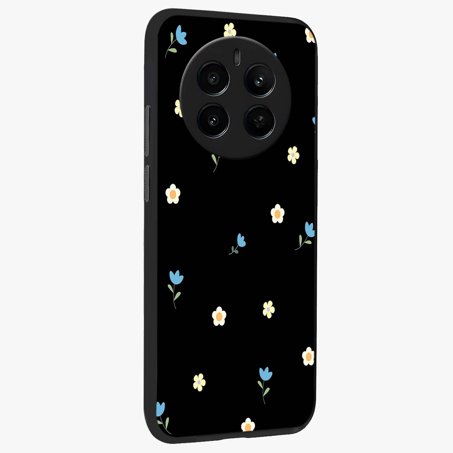 Minimal Petal Whispers Glass Case upright view showcasing elegant floral artwork with modern minimalist style.