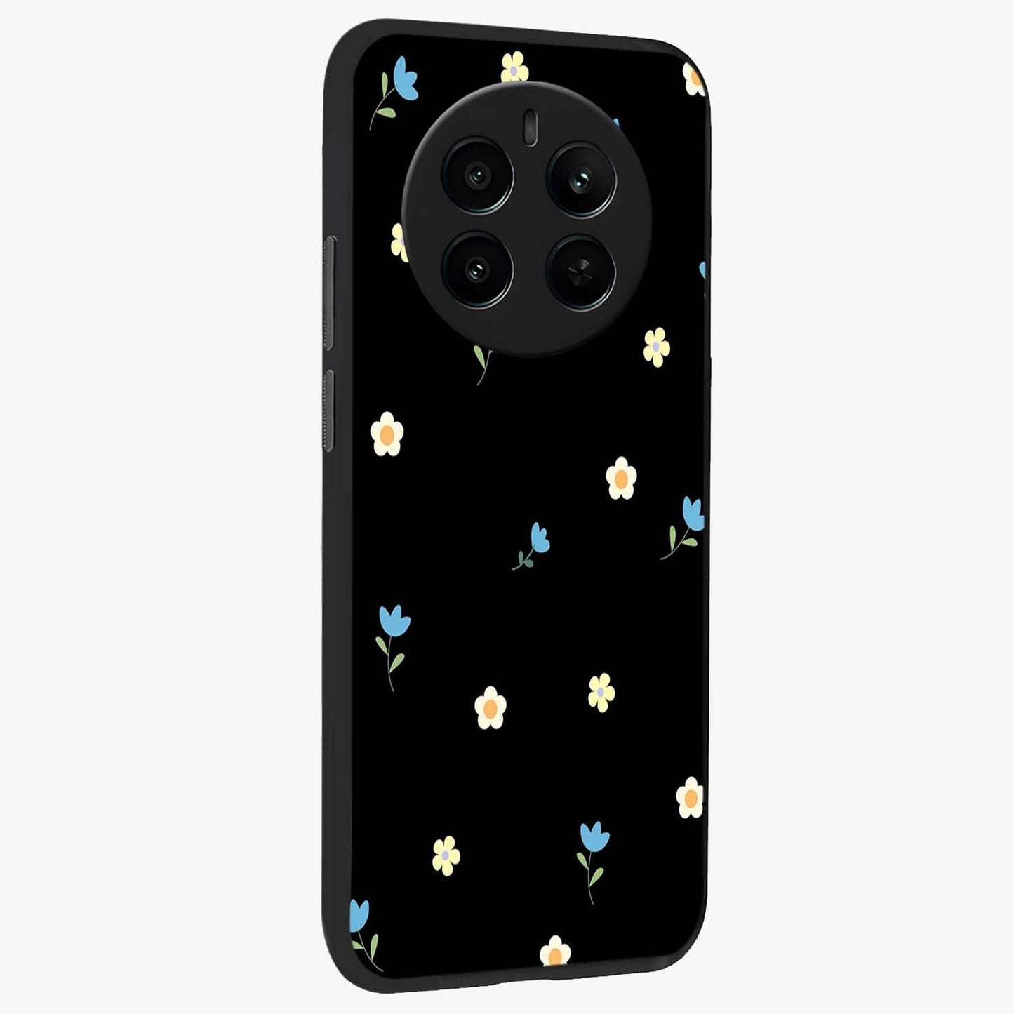 Minimal Petal Whispers Glass Case upright view showcasing elegant floral artwork with modern minimalist style.