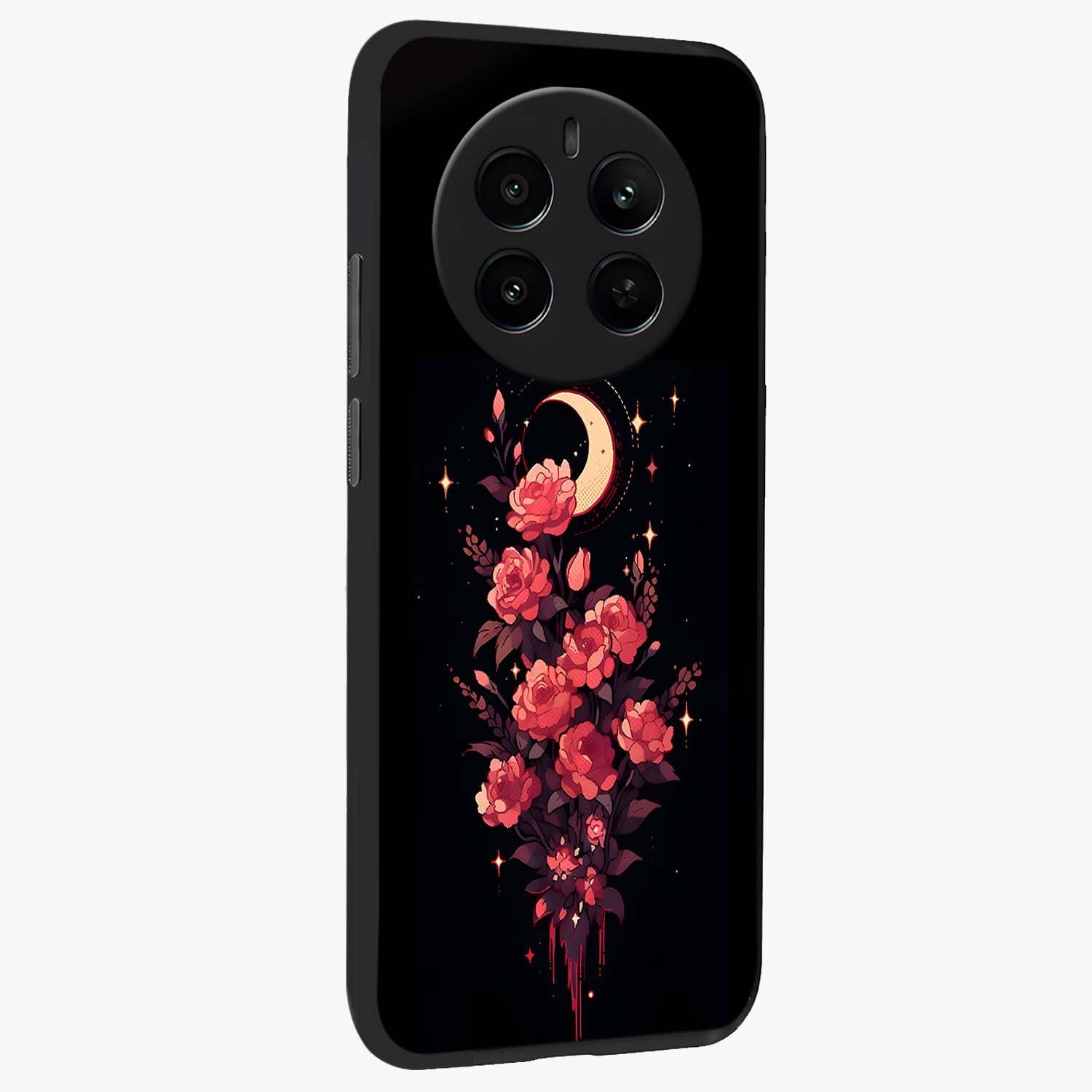 Moonlit Floral Elegance Glass Case upright view showcasing delicate floral artwork with refined night inspired theme.