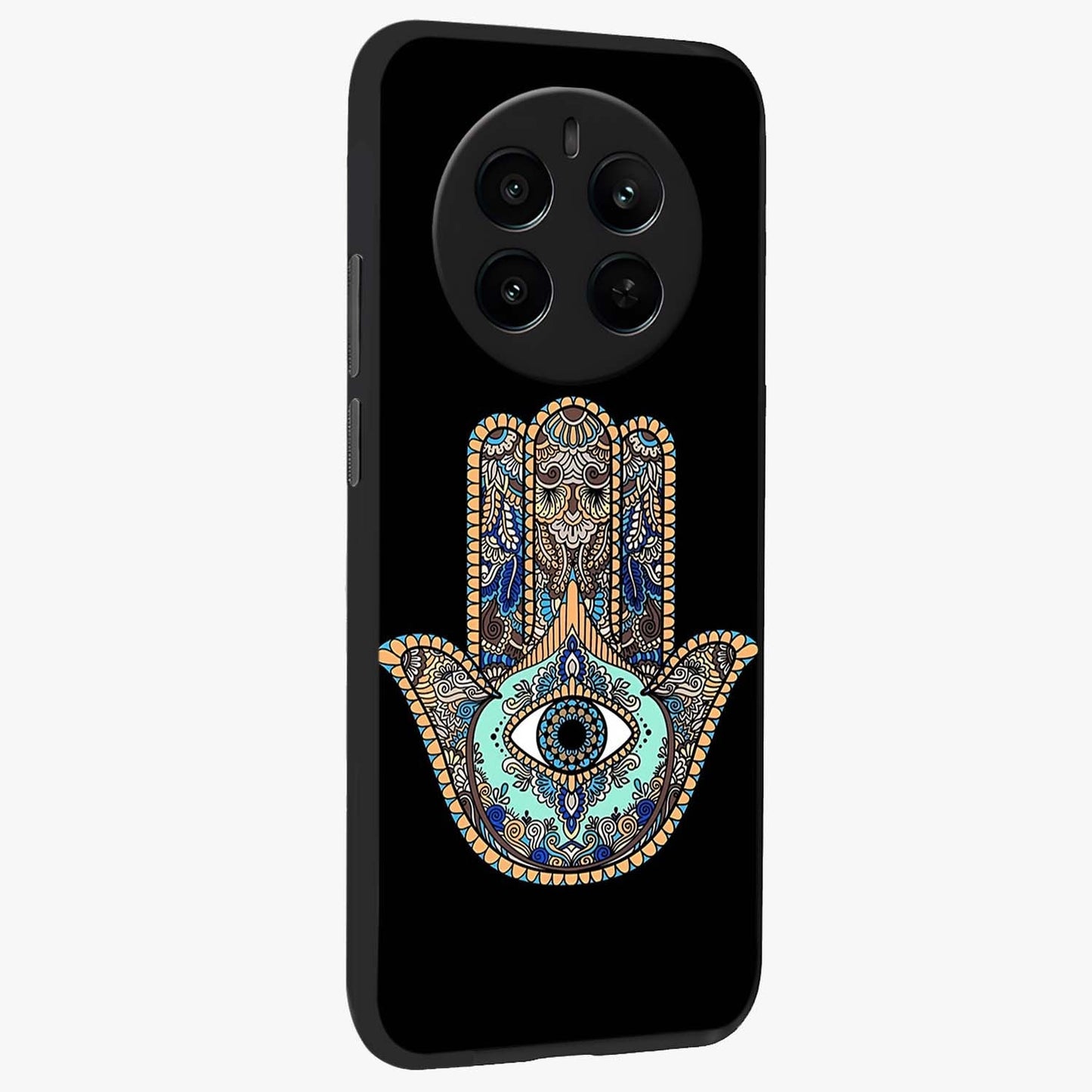 Mystic Hamsa Eye Glass Case upright view showcasing detailed hamsa eye artwork with protective spiritual theme.