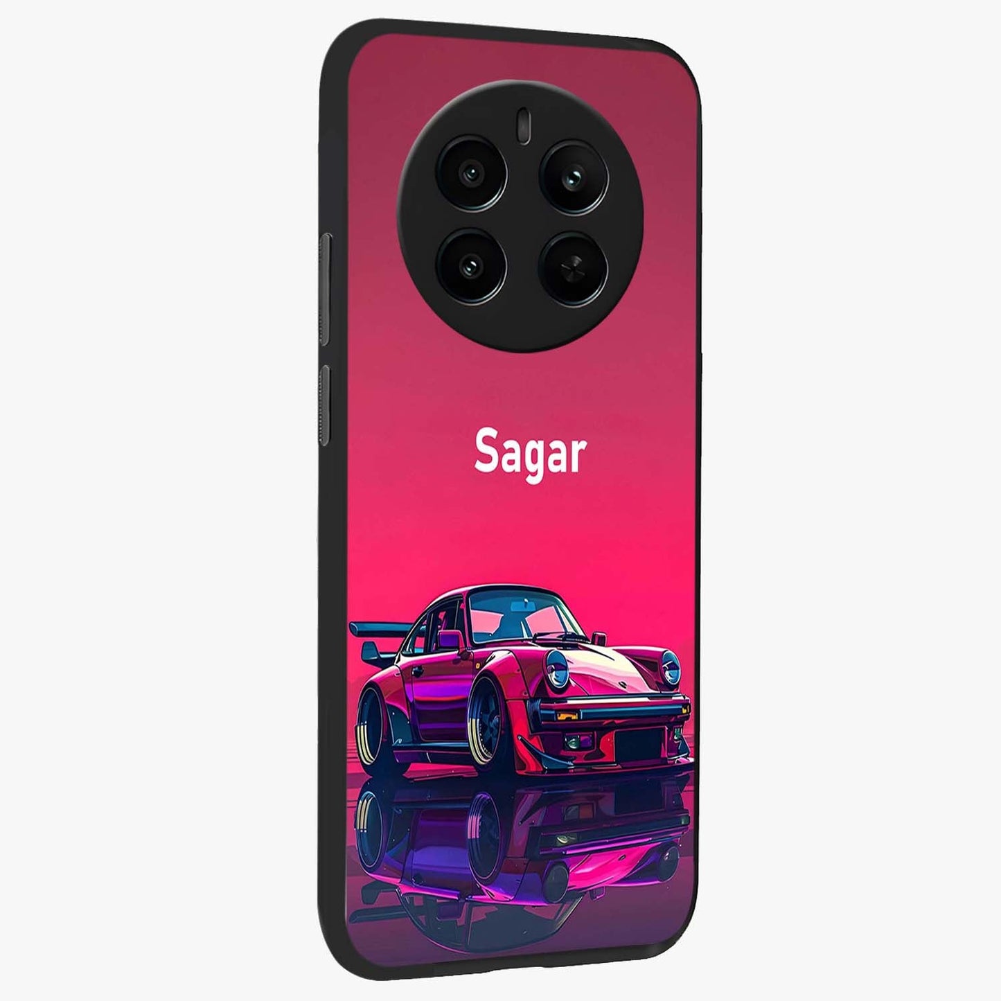 Neon Pink Porsche Glass Case upright view showcasing vibrant sports car artwork with bold automotive theme.