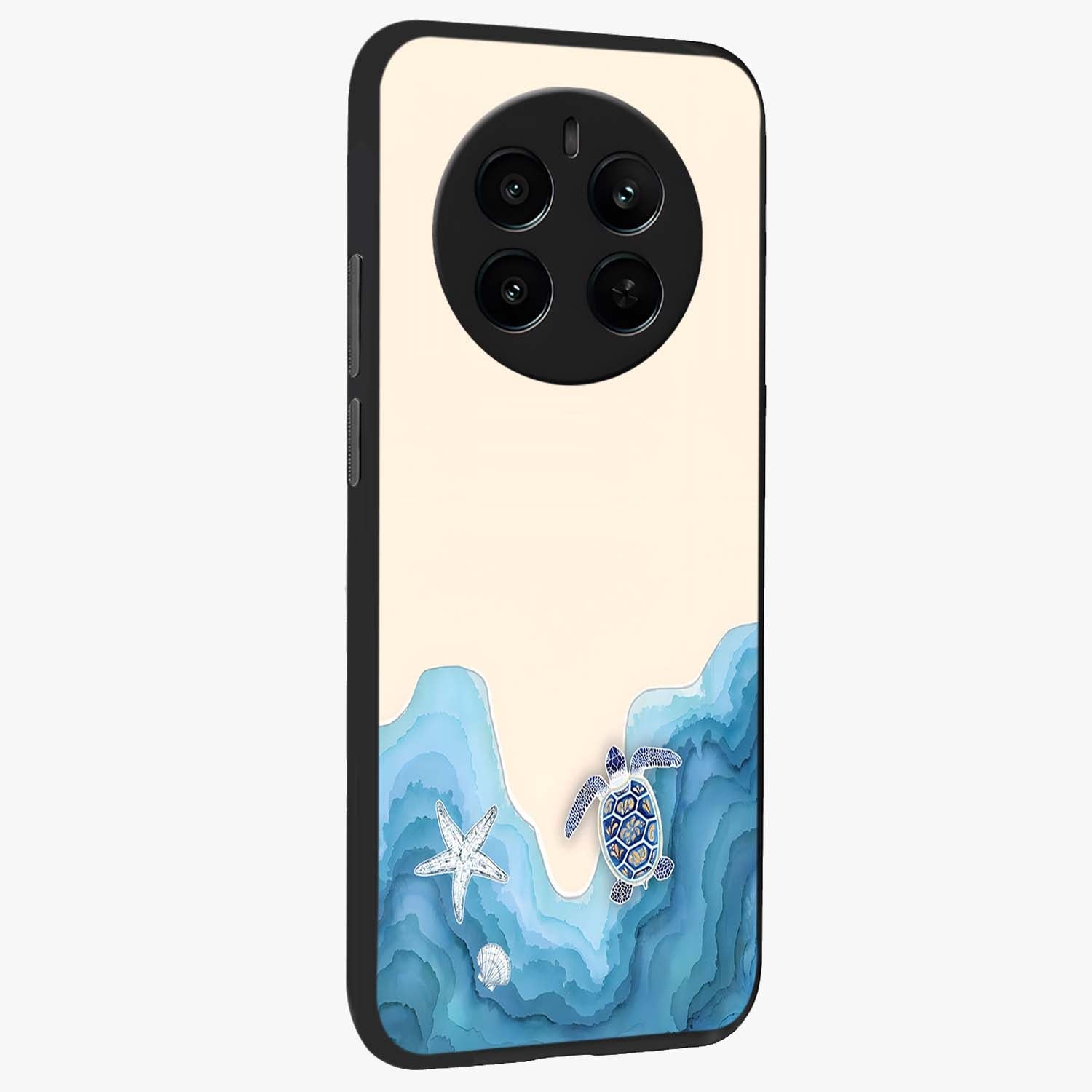 Ocean Drift Turtle Glass Case upright view showcasing calm underwater turtle artwork with nature inspired theme.