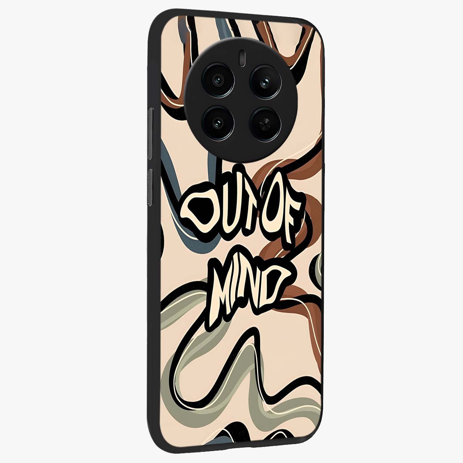 Out Of Mind Glass Case upright view showcasing striking typography artwork with edgy conceptual theme.