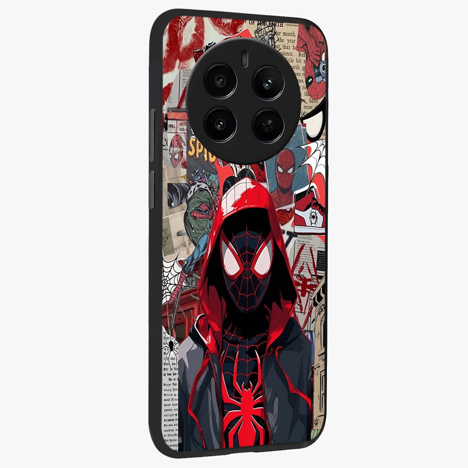 Spider Collage Street Glass Case upright view showcasing bold superhero artwork with urban street theme.