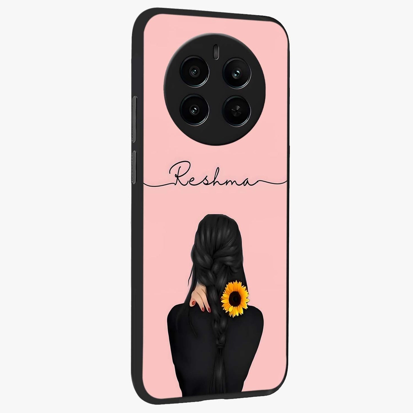 Sunflower Braid Beauty With Custom Name Glass Case upright view showcasing bright sunflower artwork with personalized floral aesthetic.