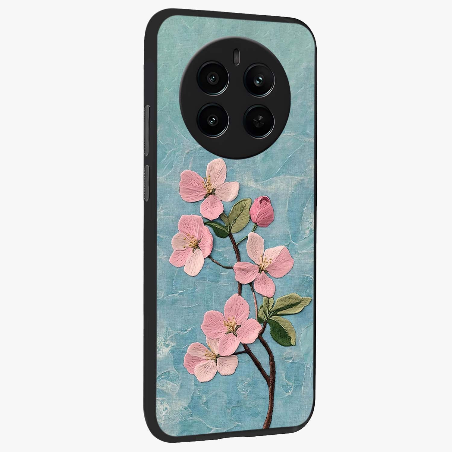 Threaded Blossom Breeze Glass Case upright view showcasing graceful flower artwork with calm botanical theme.