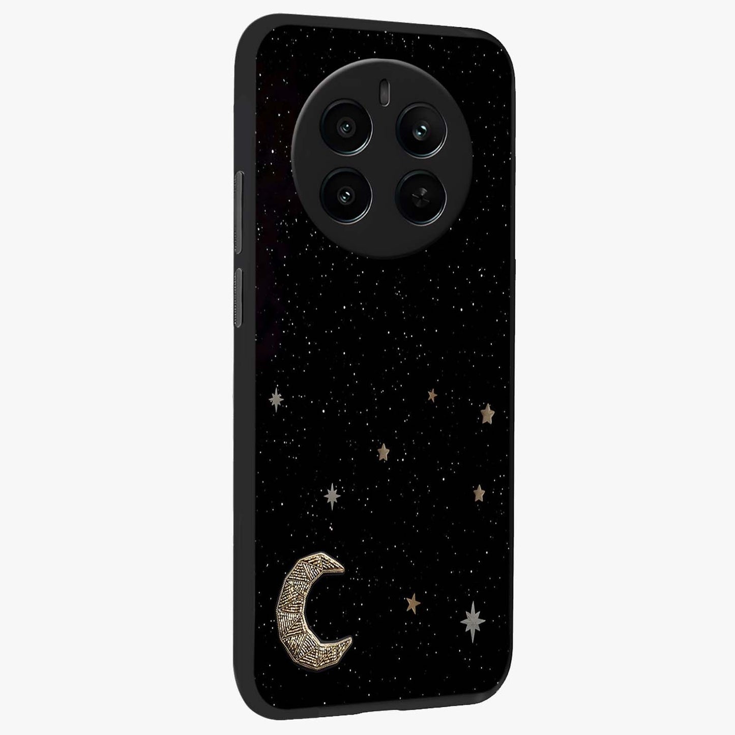 Twinkle Star With Half Moon Glass Case upright view showcasing glowing cosmic artwork with dreamy night theme.