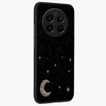 Twinkle Star With Half Moon Glass Case upright view showcasing glowing cosmic artwork with dreamy night theme.