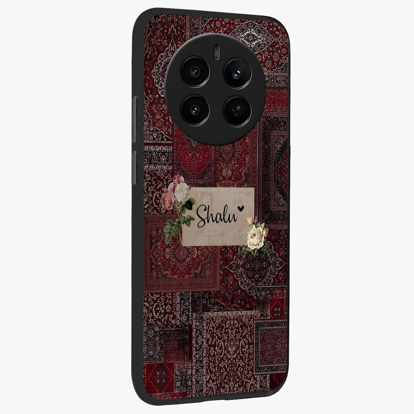 Velvet Wine Pattern Custom Name Glass Case upright view showcasing luxurious wine toned artwork with personalized aesthetic.
