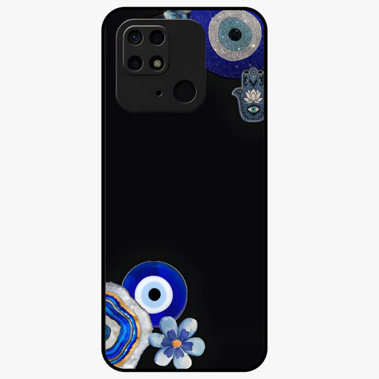 Aesthetic Blue Evil Eye Glass Case showing flat back view with protective evil eye artwork and glossy glass finish.
