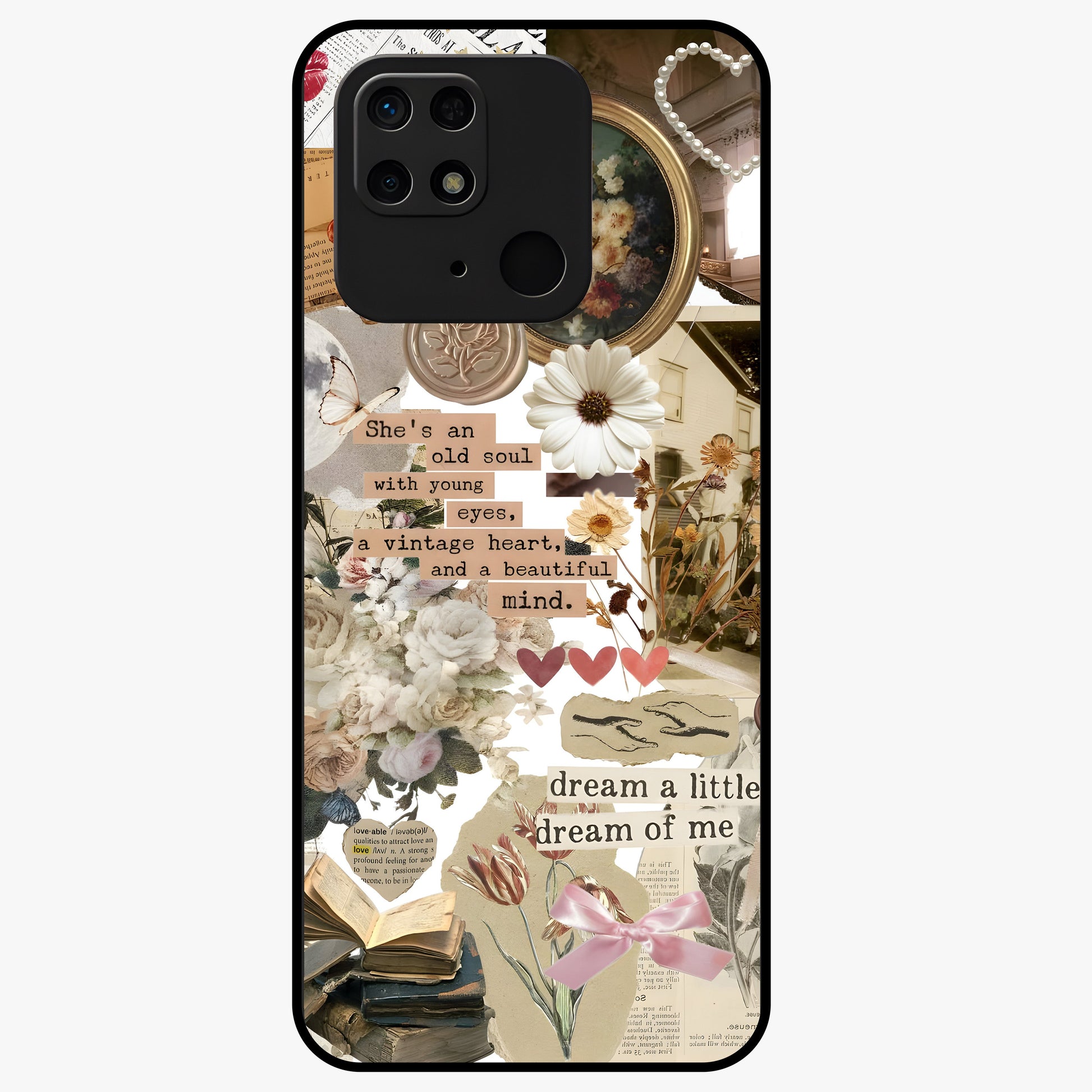 Aesthetic Brown Vintage Collage Glass Case showing flat back view with retro collage artwork and glossy glass finish.