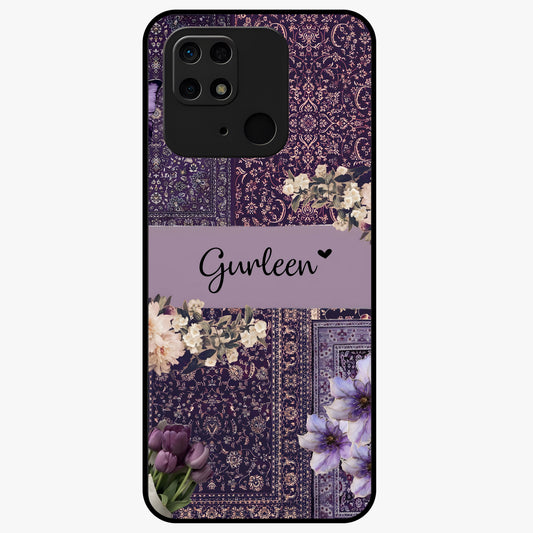 Antique Floral Whisper Custom Name Glass Case showing flat back view with vintage floral artwork and personalized name design.