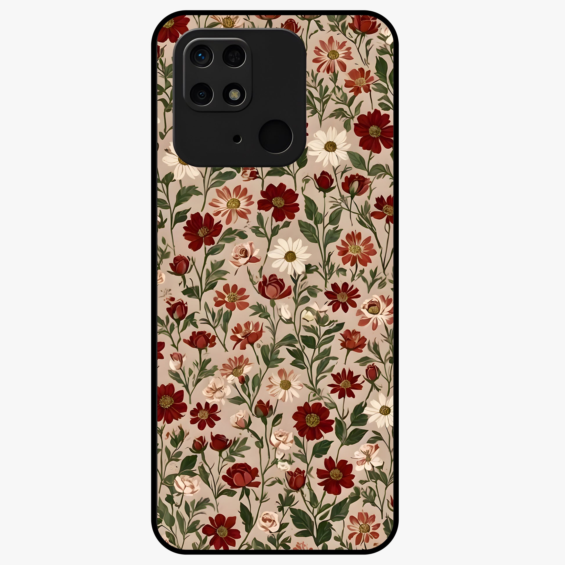 Biege Flower With Leaf Glass Case showing flat back view with soft beige floral artwork and glossy glass finish.