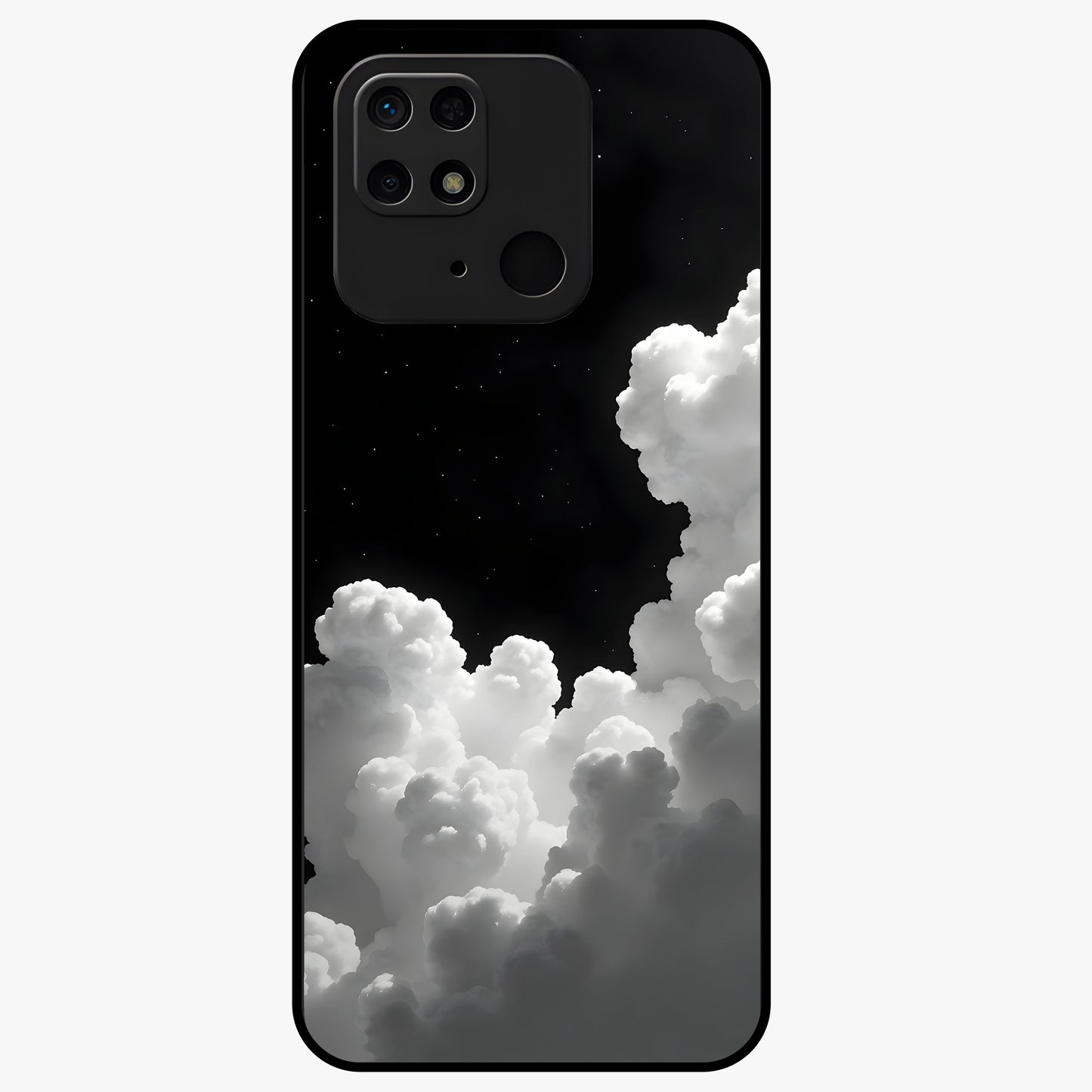 Black Background With White Cloud Glass Case showing flat back view with minimal cloud artwork on dark background and glossy glass finish.