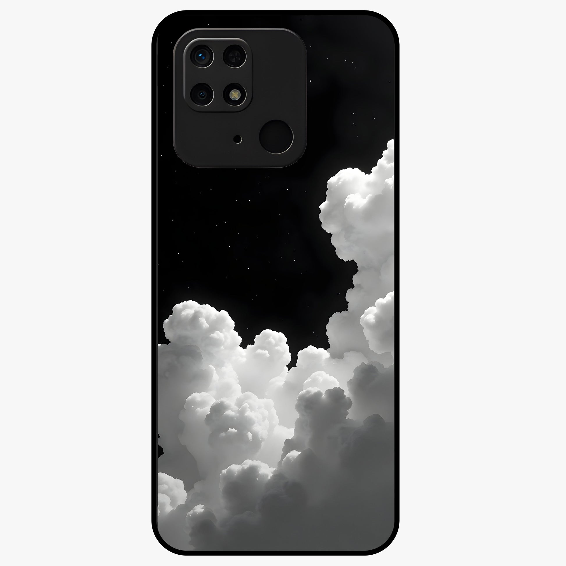 Black Background With White Cloud Glass Case showing flat back view with minimal cloud artwork on dark background and glossy glass finish.