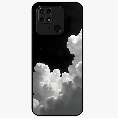 Black Background With White Cloud Glass Case showing flat back view with minimal cloud artwork on dark background and glossy glass finish.