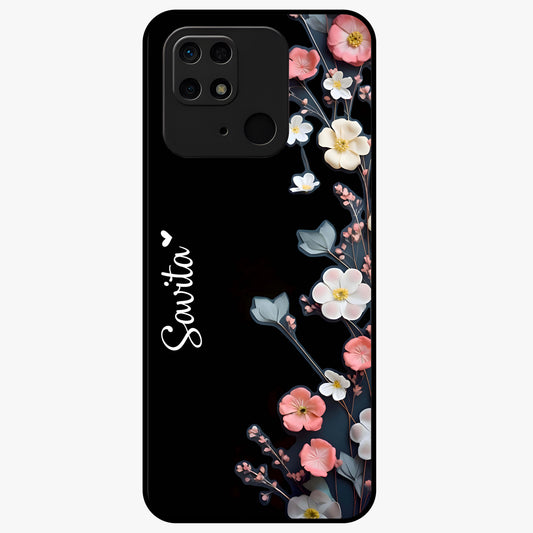 Black Elegance Floral Custom Name Glass Case showing flat back view with elegant floral artwork and personalized name design.