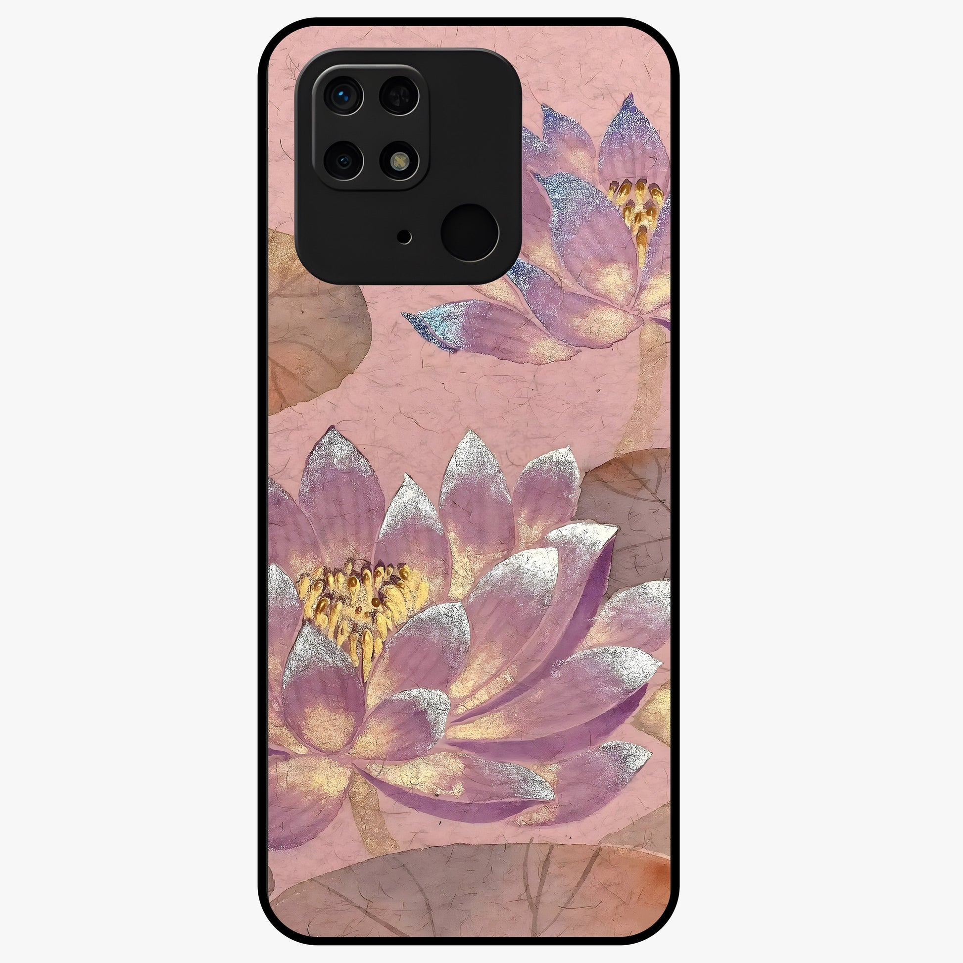 Blossom Mist Lotus Glass Case showing flat back view with serene lotus blossom artwork and glossy glass finish.