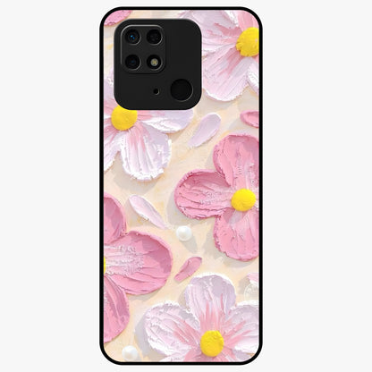 Blush Bloom Texture Glass Case showing flat back view with soft blush floral texture artwork and glossy glass finish.