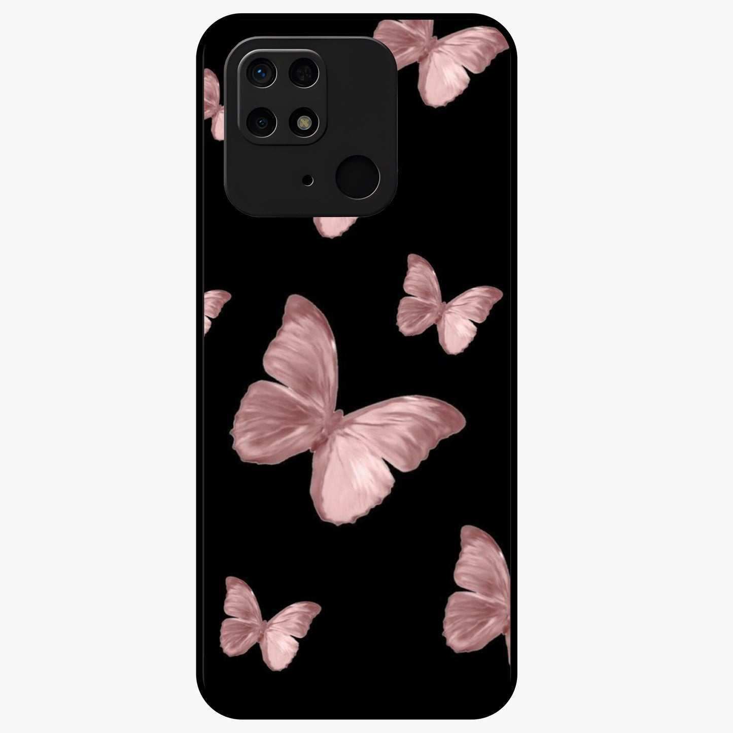 Butterfly Pattern Glass Case showing flat back view with elegant butterfly pattern artwork and glossy glass finish.