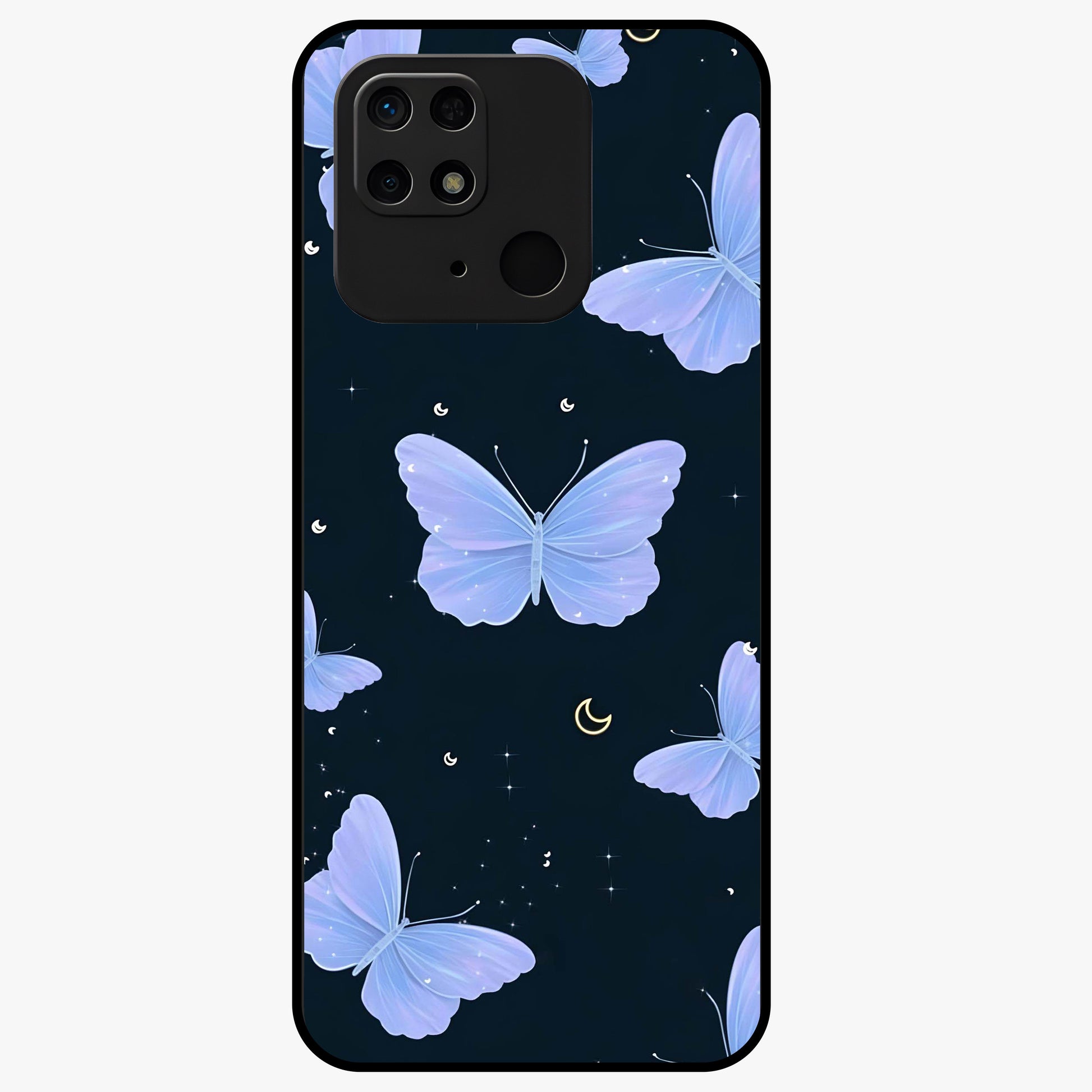 Butterfly With Stars Pattern Glass Case showing flat back view with butterfly and star pattern artwork and glossy glass finish.