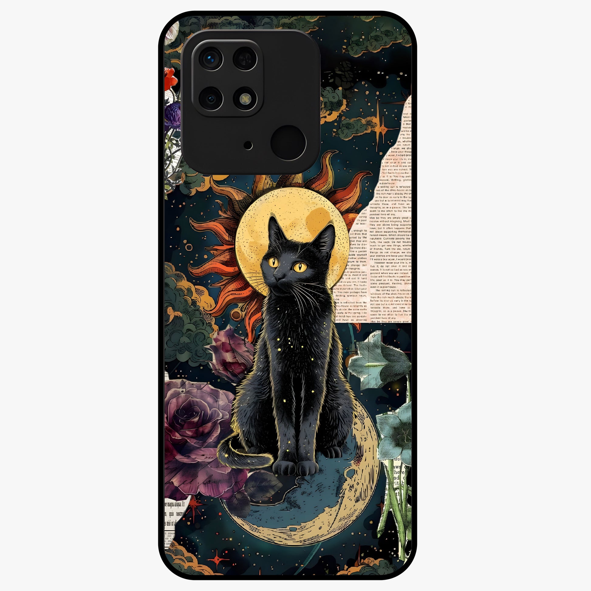 Celestial Black Cat Glass Case showing flat back view with mystical black cat artwork and glossy glass finish.