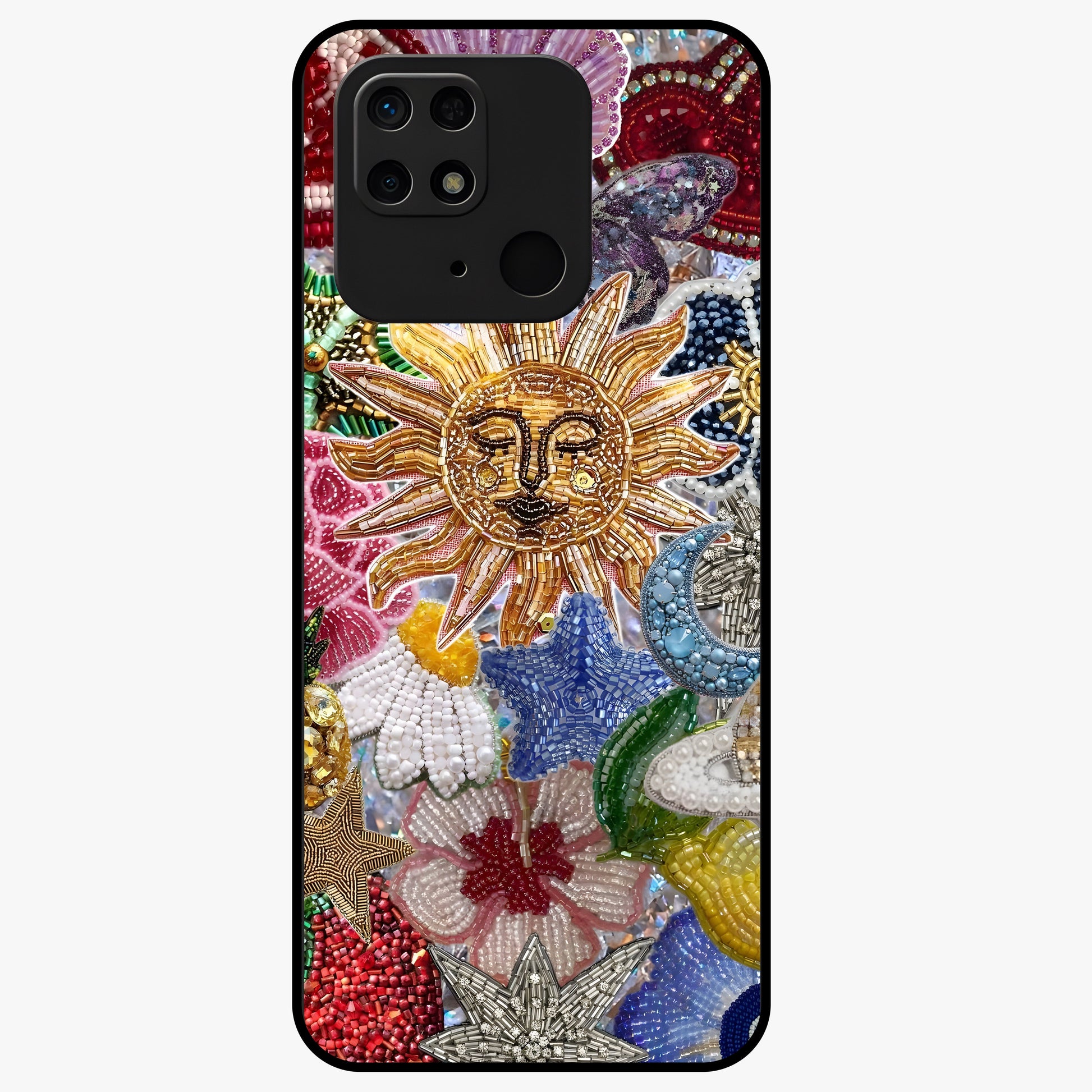 Celestial Floral and Playful Glass Case showing flat back view with floral and celestial themed artwork and glossy glass finish.