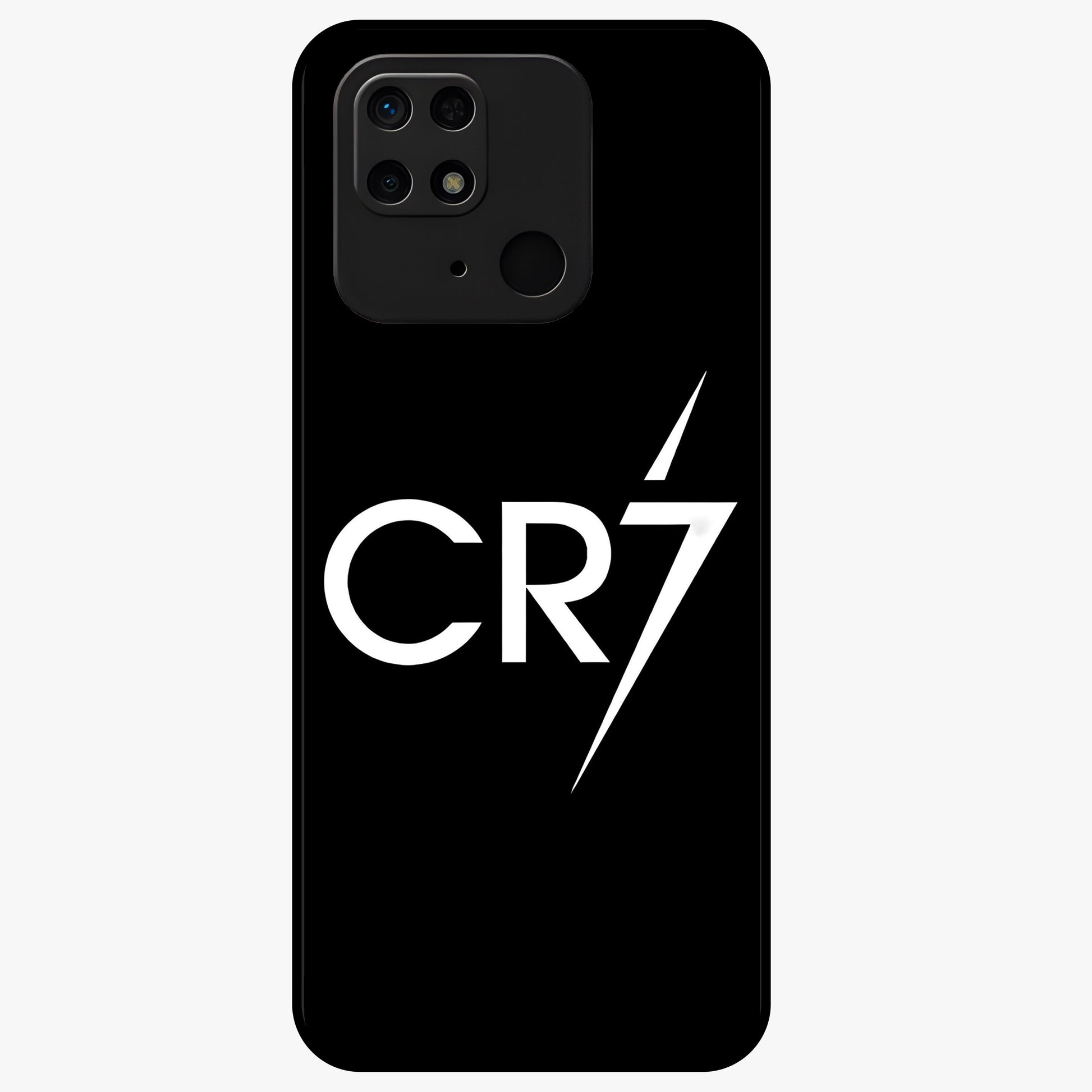 Cr7 Elite Strike Glass Case showing flat back view with dynamic football inspired artwork and glossy glass finish.