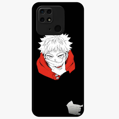 Crimson Chaos Smile Glass Case showing flat back view with bold chaotic smile artwork and glossy glass finish.