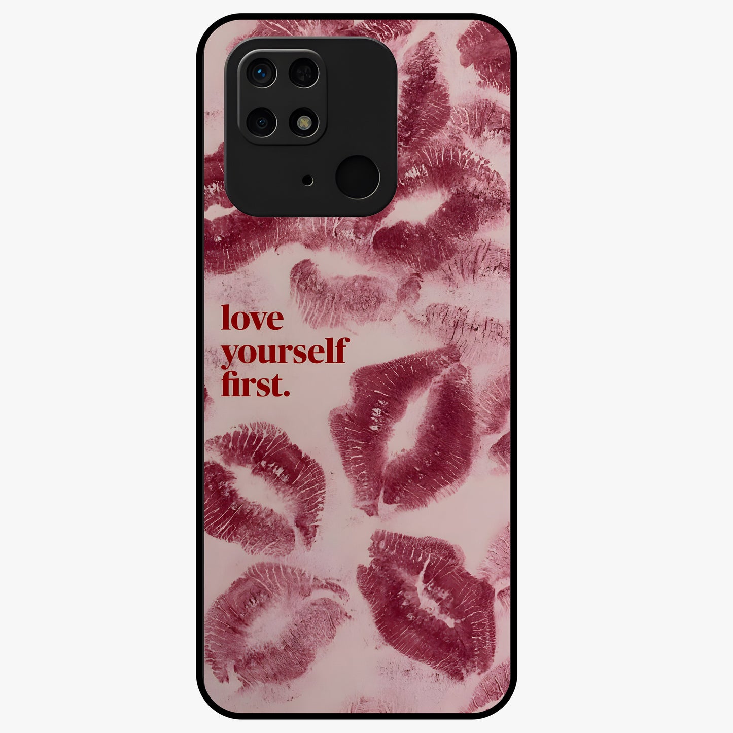 Crimson Kiss Love Glass Case showing flat back view with romantic crimson themed artwork and glossy glass finish.
