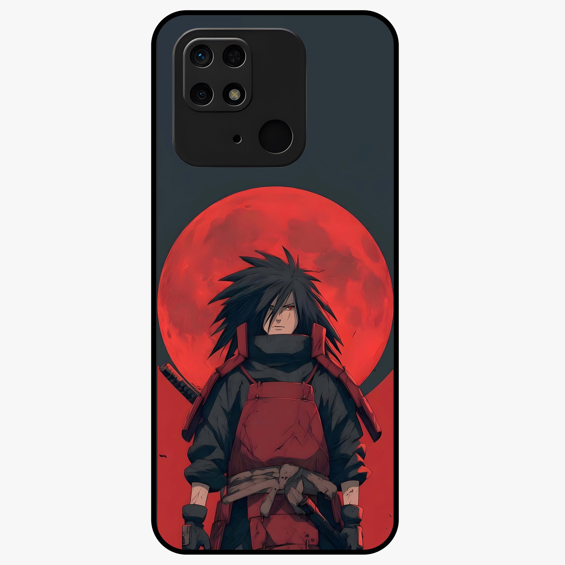 Crimson Moon Warlord Glass Case showing flat back view with mystical moon warrior artwork and glossy glass finish.