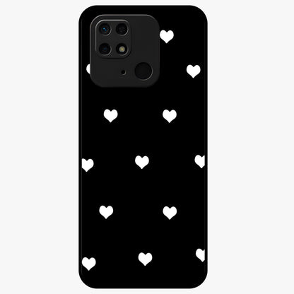 Cute And Simple White Hearts Glass Case showing flat back view with minimal white heart pattern and glossy glass finish.
