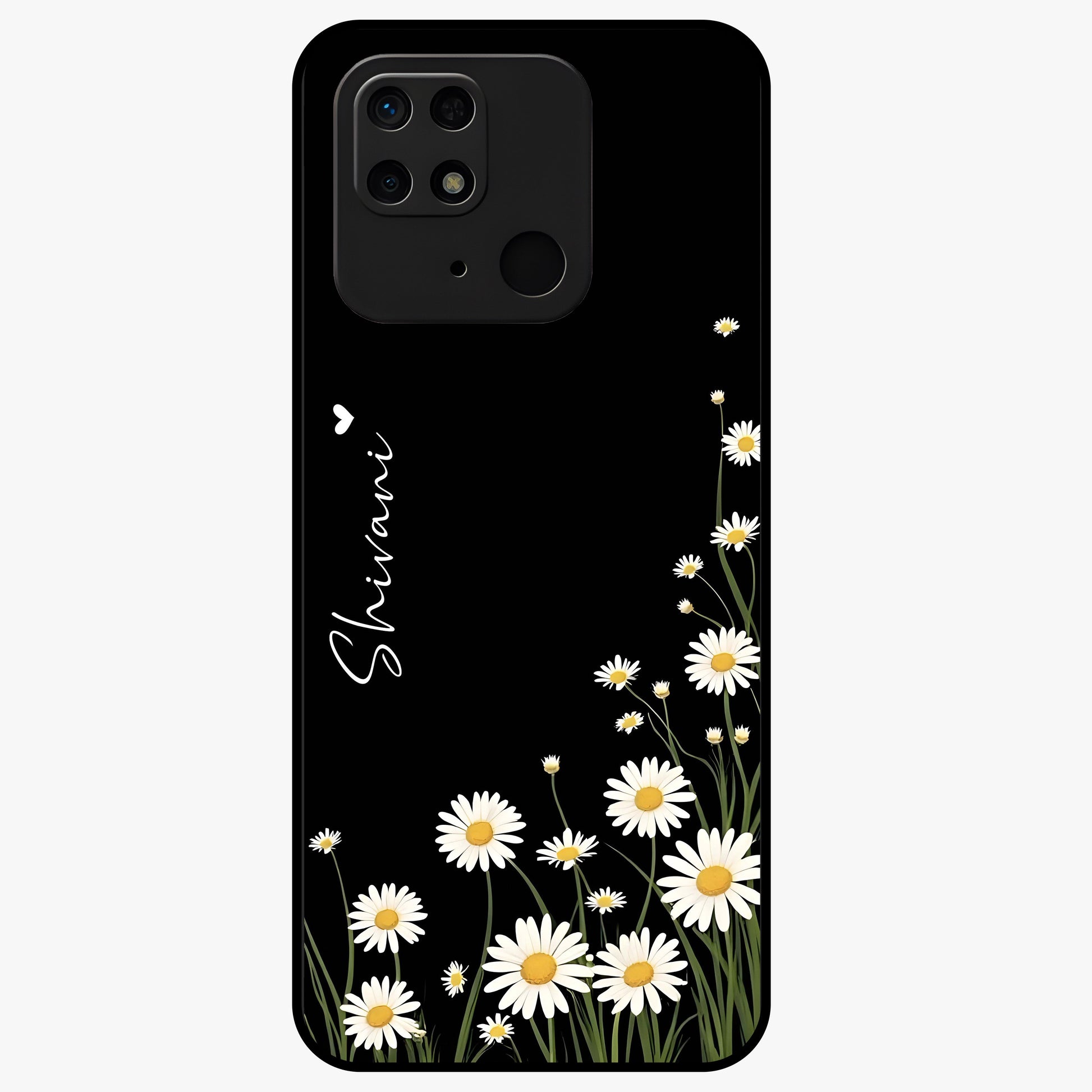 Daisy Cascade Custom Name Glass Case showing flat back view with cascading daisy flowers and personalized name design.