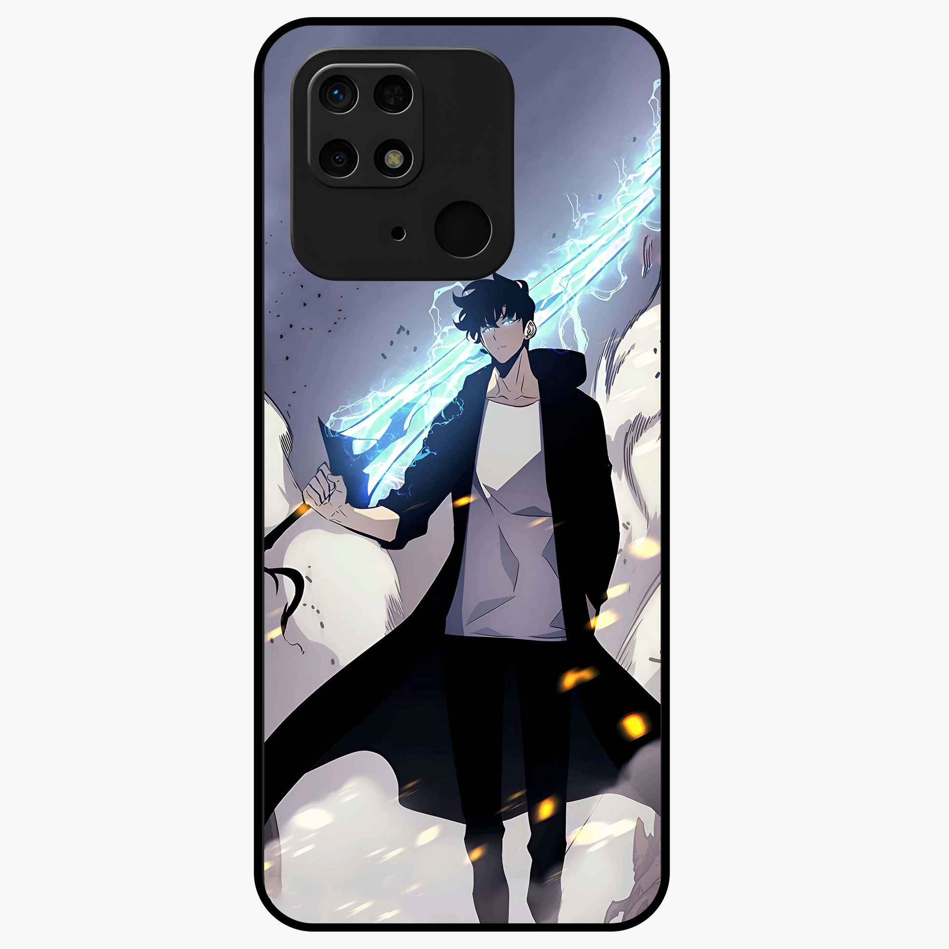 Dark Lightning Anime Warrior Glass Case showing flat back view with intense anime warrior artwork and glossy glass finish.