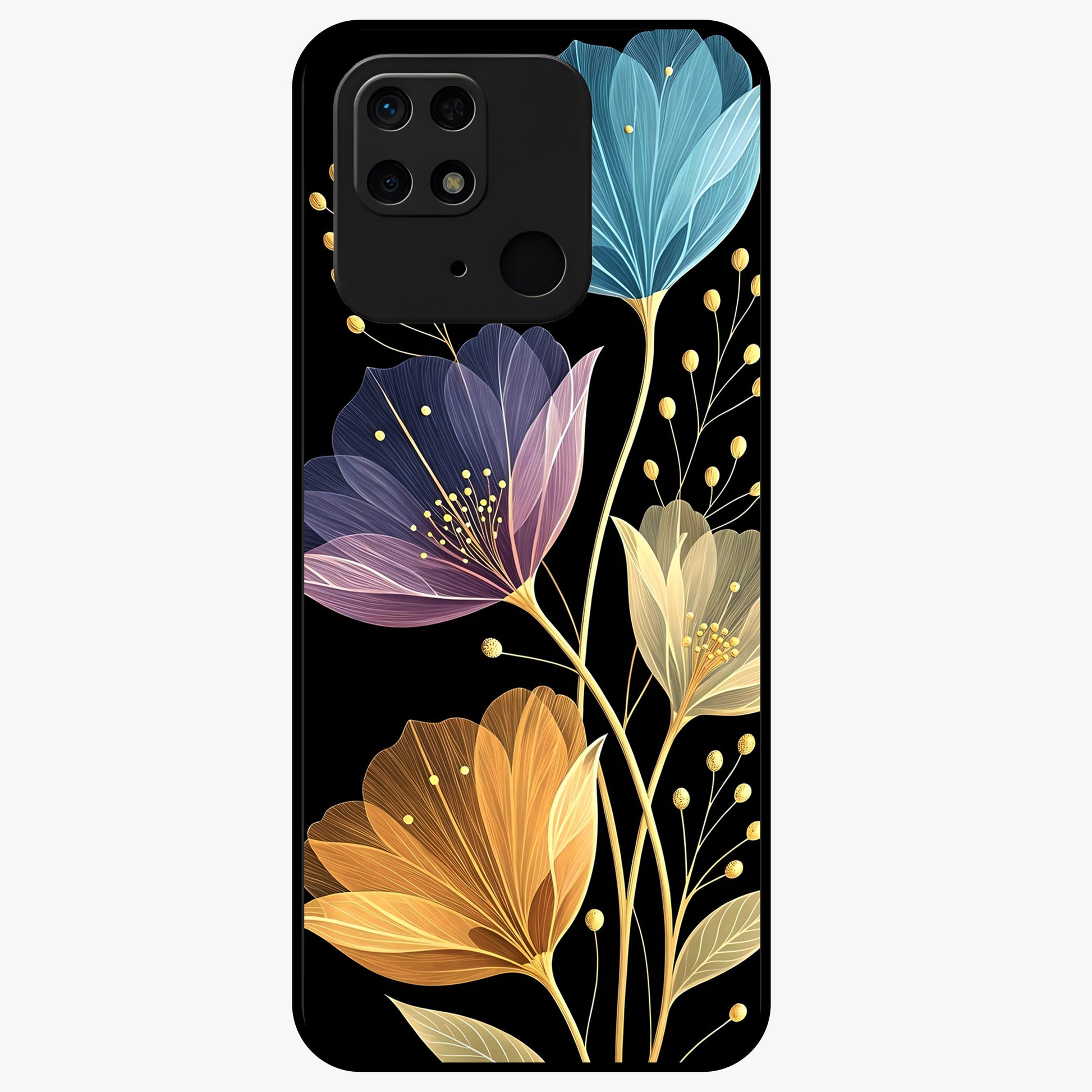 Delicate Multicolor Flowers Glass Case showing flat back view with vibrant floral artwork and glossy glass finish.